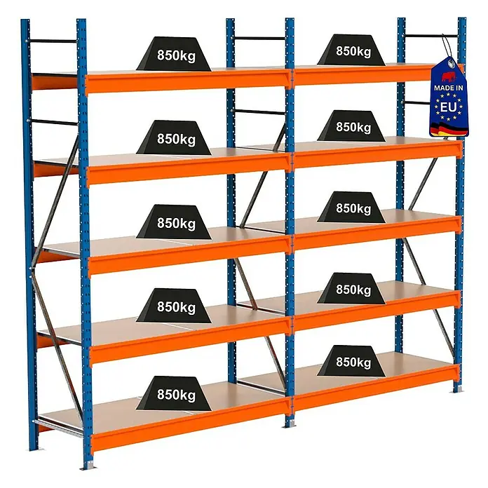 Proregal Schwerlastregal Industrie Weitspannregal MAXIMUS Pro - H x B x T: 250 x 310 x 60 cm, Traglast pro Boden: 850 kg, Anzahl Böden: 5 Stk., Stecken, Blau/Orange
