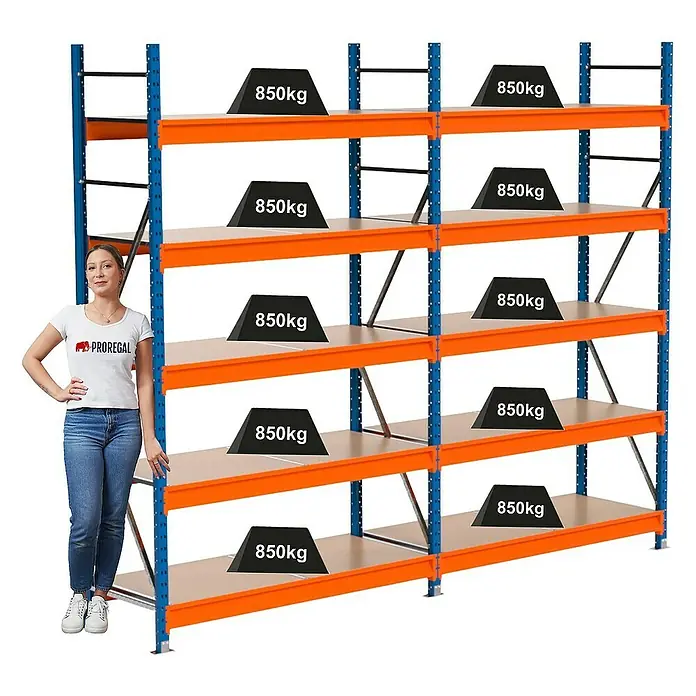 Proregal Schwerlastregal Industrie Weitspannregal MAXIMUS Pro - H x B x T: 250 x 310 x 60 cm, Traglast pro Boden: 850 kg, Anzahl Böden: 5 Stk., Stecken, Blau/Orange