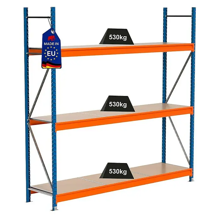 Proregal Schwerlastregal Industrie Weitspannregal MAXIMUS Pro - H x B x T: 250 x 260 x 60 cm, Traglast pro Boden: 530 kg, Anzahl Böden: 3 Stk., Stecken, Blau/Orange