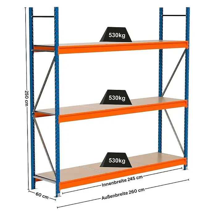 Proregal Schwerlastregal Industrie Weitspannregal MAXIMUS Pro - H x B x T: 250 x 260 x 60 cm, Traglast pro Boden: 530 kg, Anzahl Böden: 3 Stk., Stecken, Blau/Orange