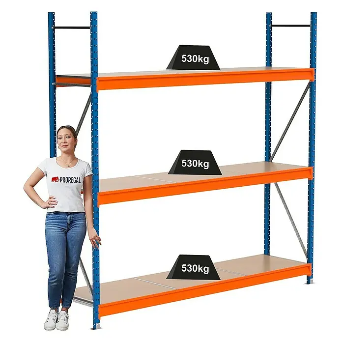 Proregal Schwerlastregal Industrie Weitspannregal MAXIMUS Pro - H x B x T: 250 x 260 x 60 cm, Traglast pro Boden: 530 kg, Anzahl Böden: 3 Stk., Stecken, Blau/Orange