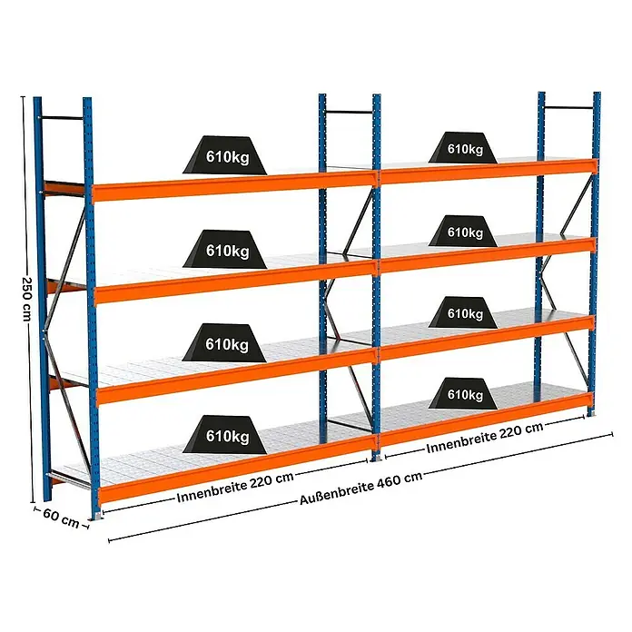Proregal Schwerlastregal Industrie Weitspannregal MAXIMUS Pro - H x B x T: 250 x 460 x 60 cm, Traglast pro Boden: 610 kg, Anzahl Böden: 4 Stk., Stecken, Blau/Orange