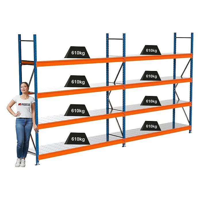Proregal Schwerlastregal Industrie Weitspannregal MAXIMUS Pro - H x B x T: 250 x 460 x 60 cm, Traglast pro Boden: 610 kg, Anzahl Böden: 4 Stk., Stecken, Blau/Orange
