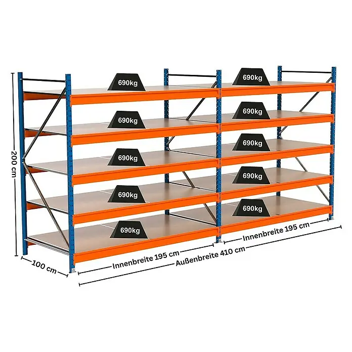 Proregal Schwerlastregal Industrie Weitspannregal MAXIMUS Pro - H x B x T: 200 x 410 x 100 cm, Traglast pro Boden: 690 kg, Anzahl Böden: 5 Stk., Stecken, Blau/Orange