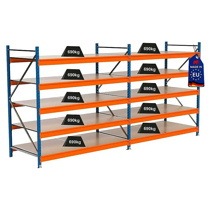 Proregal Schwerlastregal Industrie Weitspannregal MAXIMUS Pro - H x B x T: 200 x 410 x 100 cm, Traglast pro Boden: 690 kg, Anzahl Böden: 5 Stk., Stecken, Blau/Orange