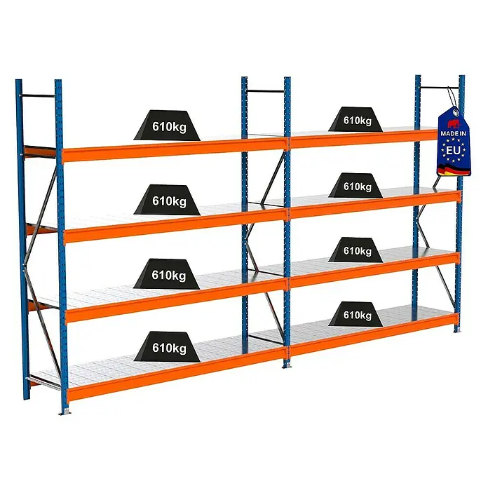 Proregal Schwerlastregal Industrie Weitspannregal MAXIMUS Pro - H x B x T: 250 x 460 x 60 cm, Traglast pro Boden: 610 kg, Anzahl Böden: 4 Stk., Stecken, Blau/Orange