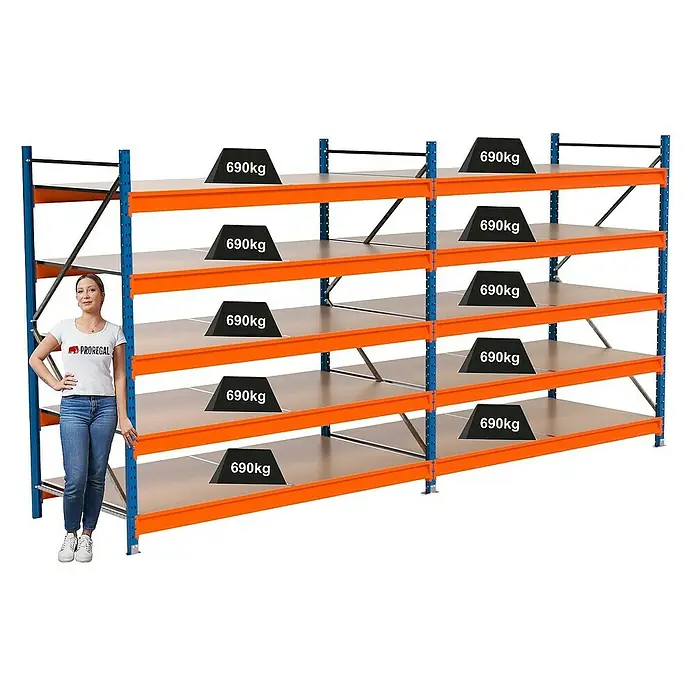 Proregal Schwerlastregal Industrie Weitspannregal MAXIMUS Pro - H x B x T: 200 x 410 x 100 cm, Traglast pro Boden: 690 kg, Anzahl Böden: 5 Stk., Stecken, Blau/Orange