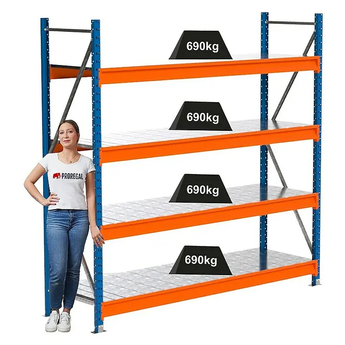 Proregal Schwerlastregal Industrie Weitspannregal MAXIMUS Pro - H x B x T: 200 x 210 x 60 cm, Traglast pro Boden: 690 kg, Anzahl Böden: 4 Stk., Stecken, Blau/Orange