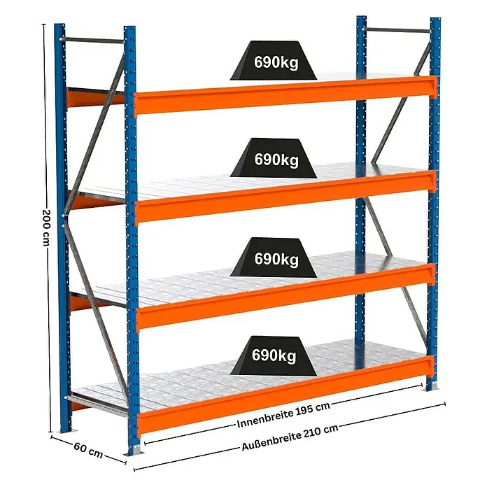 Proregal Schwerlastregal Industrie Weitspannregal MAXIMUS Pro - H x B x T: 200 x 210 x 60 cm, Traglast pro Boden: 690 kg, Anzahl Böden: 4 Stk., Stecken, Blau/Orange