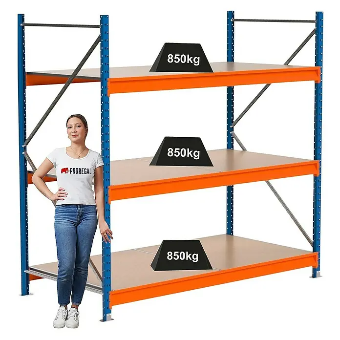 Proregal Schwerlastregal Industrie Weitspannregal MAXIMUS Pro - H x B x T: 200 x 160 x 100 cm, Traglast pro Boden: 850 kg, Anzahl Böden: 3 Stk., Stecken, Blau/Orange