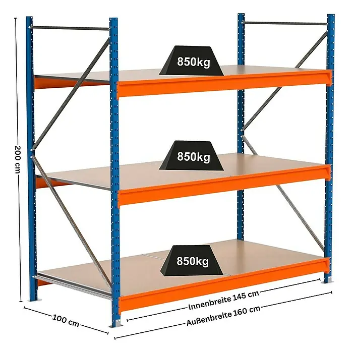 Proregal Schwerlastregal Industrie Weitspannregal MAXIMUS Pro - H x B x T: 200 x 160 x 100 cm, Traglast pro Boden: 850 kg, Anzahl Böden: 3 Stk., Stecken, Blau/Orange
