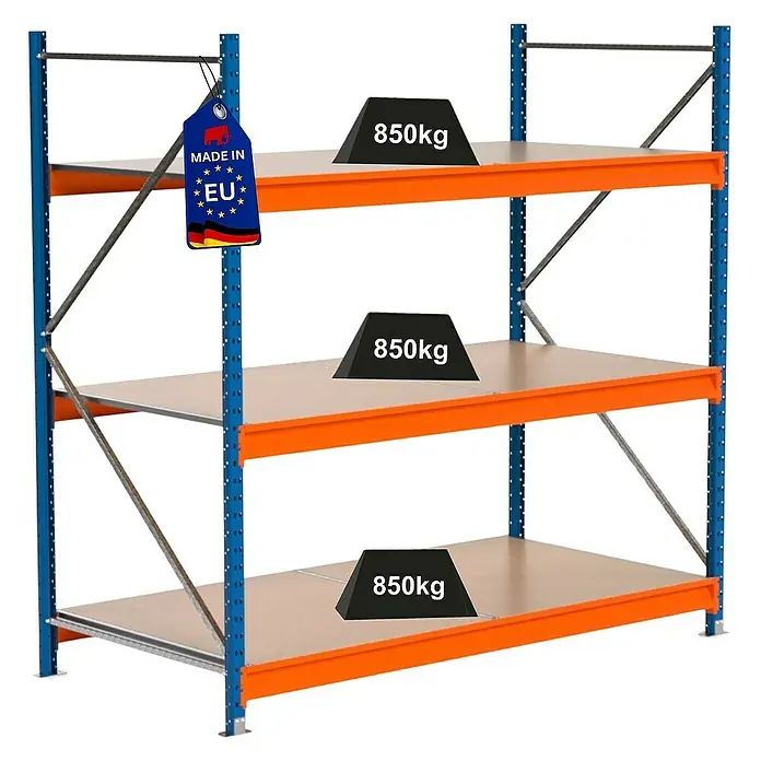 Proregal Schwerlastregal Industrie Weitspannregal MAXIMUS Pro - H x B x T: 200 x 160 x 100 cm, Traglast pro Boden: 850 kg, Anzahl Böden: 3 Stk., Stecken, Blau/Orange