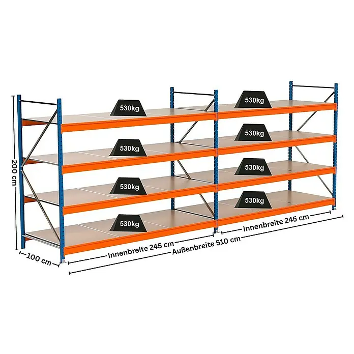 Proregal Schwerlastregal Industrie Weitspannregal MAXIMUS Pro - H x B x T: 200 x 510 x 100 cm, Traglast pro Boden: 530 kg, Anzahl Böden: 4 Stk., Stecken, Blau/Orange