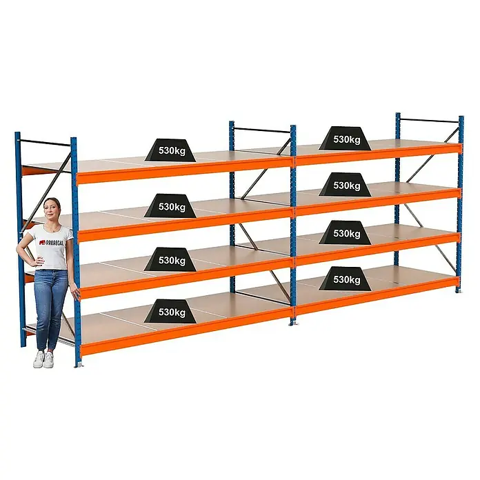 Proregal Schwerlastregal Industrie Weitspannregal MAXIMUS Pro - H x B x T: 200 x 510 x 100 cm, Traglast pro Boden: 530 kg, Anzahl Böden: 4 Stk., Stecken, Blau/Orange