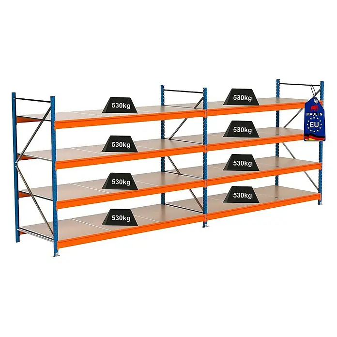 Proregal Schwerlastregal Industrie Weitspannregal MAXIMUS Pro - H x B x T: 200 x 510 x 100 cm, Traglast pro Boden: 530 kg, Anzahl Böden: 4 Stk., Stecken, Blau/Orange