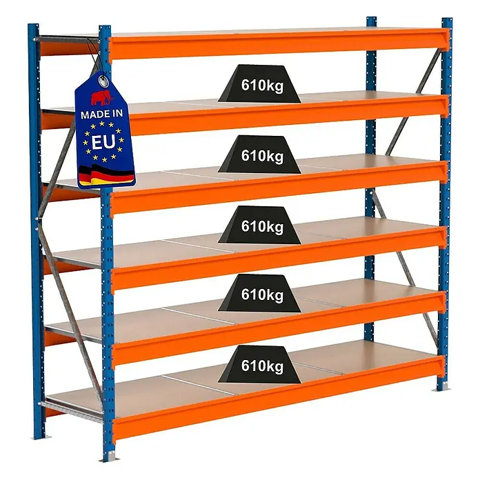 Proregal Schwerlastregal Industrie Weitspannregal MAXIMUS Pro - H x B x T: 200 x 235 x 60 cm, Traglast pro Boden: 610 kg, Anzahl Böden: 6 Stk., Stecken, Blau/Orange