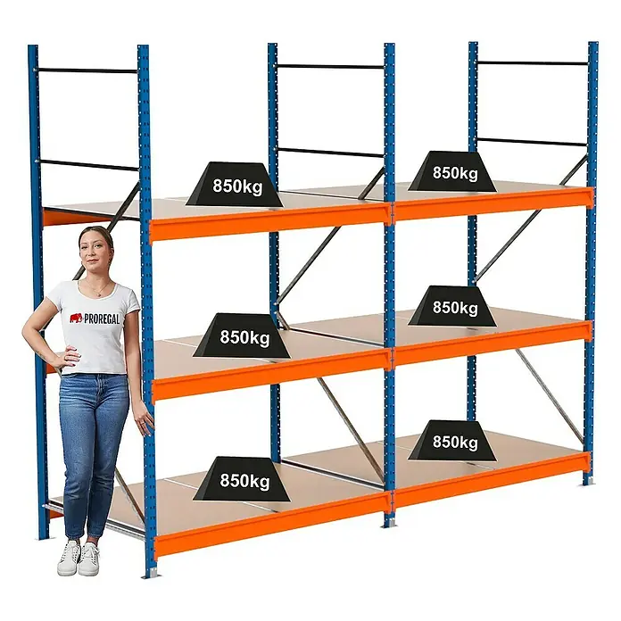 Proregal Schwerlastregal Industrie Weitspannregal MAXIMUS Pro - H x B x T: 250 x 310 x 100 cm, Traglast pro Boden: 850 kg, Anzahl Böden: 3 Stk., Stecken, Blau/Orange