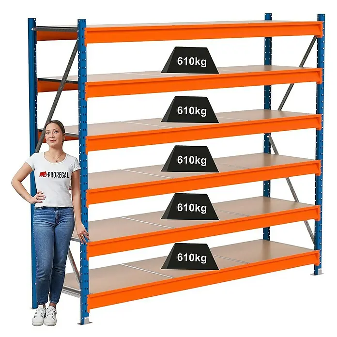 Proregal Schwerlastregal Industrie Weitspannregal MAXIMUS Pro - H x B x T: 200 x 235 x 60 cm, Traglast pro Boden: 610 kg, Anzahl Böden: 6 Stk., Stecken, Blau/Orange
