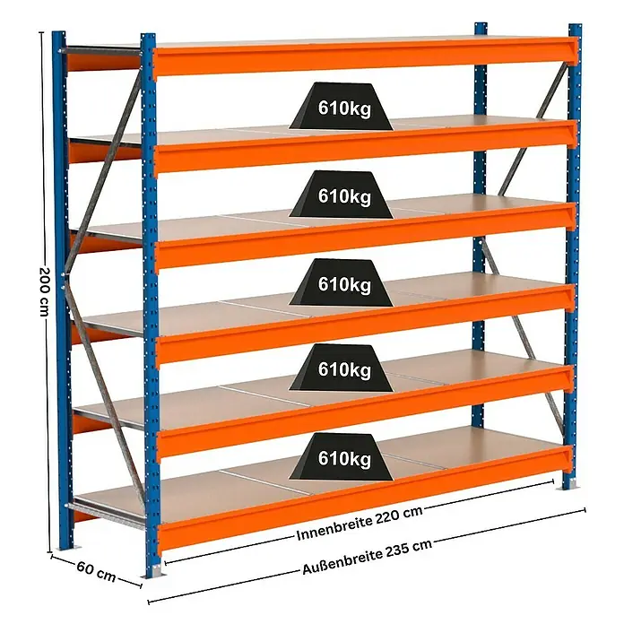 Proregal Schwerlastregal Industrie Weitspannregal MAXIMUS Pro - H x B x T: 200 x 235 x 60 cm, Traglast pro Boden: 610 kg, Anzahl Böden: 6 Stk., Stecken, Blau/Orange