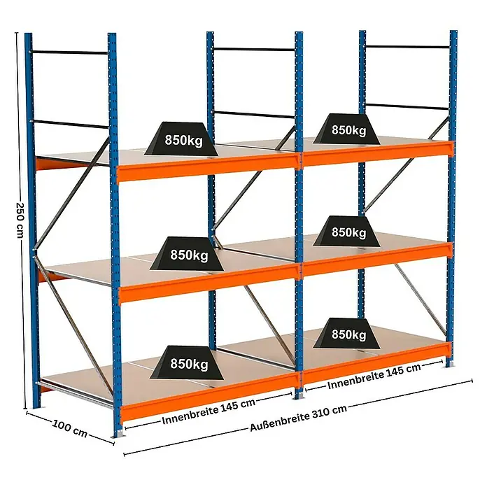 Proregal Schwerlastregal Industrie Weitspannregal MAXIMUS Pro - H x B x T: 250 x 310 x 100 cm, Traglast pro Boden: 850 kg, Anzahl Böden: 3 Stk., Stecken, Blau/Orange