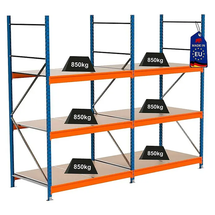 Proregal Schwerlastregal Industrie Weitspannregal MAXIMUS Pro - H x B x T: 250 x 310 x 100 cm, Traglast pro Boden: 850 kg, Anzahl Böden: 3 Stk., Stecken, Blau/Orange