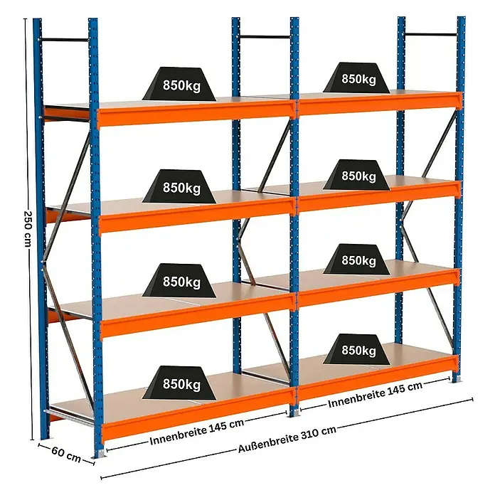 Proregal Schwerlastregal Industrie Weitspannregal MAXIMUS Pro - H x B x T: 250 x 310 x 60 cm, Traglast pro Boden: 850 kg, Anzahl Böden: 4 Stk., Stecken, Blau/Orange