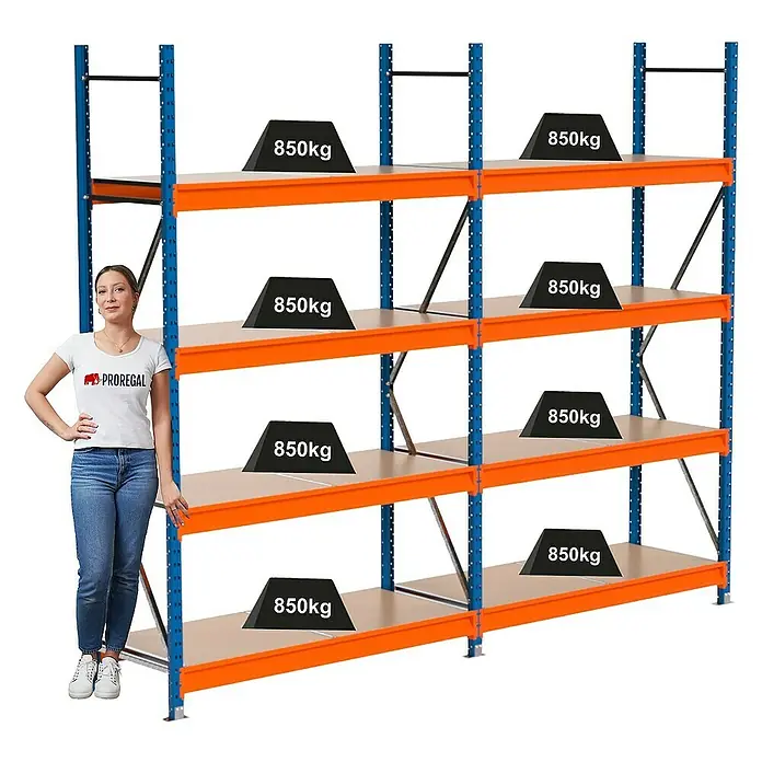 Proregal Schwerlastregal Industrie Weitspannregal MAXIMUS Pro - H x B x T: 250 x 310 x 60 cm, Traglast pro Boden: 850 kg, Anzahl Böden: 4 Stk., Stecken, Blau/Orange