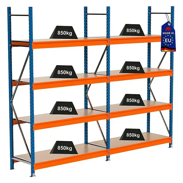 Proregal Schwerlastregal Industrie Weitspannregal MAXIMUS Pro - H x B x T: 250 x 310 x 60 cm, Traglast pro Boden: 850 kg, Anzahl Böden: 4 Stk., Stecken, Blau/Orange