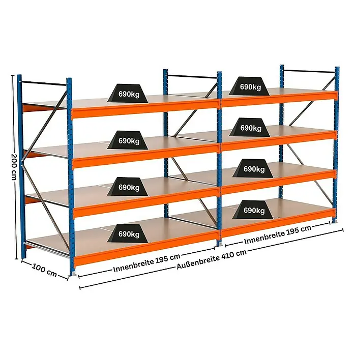 Proregal Schwerlastregal Industrie Weitspannregal MAXIMUS Pro - H x B x T: 200 x 410 x 100 cm, Traglast pro Boden: 690 kg, Anzahl Böden: 4 Stk., Stecken, Blau/Orange