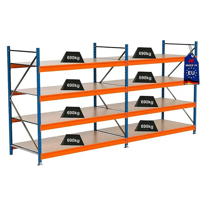 Proregal Schwerlastregal Industrie Weitspannregal MAXIMUS Pro - H x B x T: 200 x 410 x 100 cm, Traglast pro Boden: 690 kg, Anzahl Böden: 4 Stk., Stecken, Blau/Orange