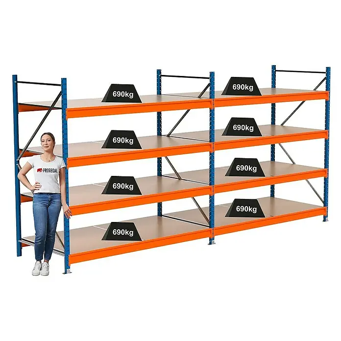 Proregal Schwerlastregal Industrie Weitspannregal MAXIMUS Pro - H x B x T: 200 x 410 x 100 cm, Traglast pro Boden: 690 kg, Anzahl Böden: 4 Stk., Stecken, Blau/Orange