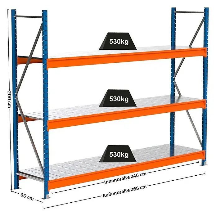 Proregal Schwerlastregal Industrie Weitspannregal MAXIMUS Pro - H x B x T: 200 x 260 x 60 cm, Traglast pro Boden: 530 kg, Anzahl Böden: 3 Stk., Stecken, Blau/Orange