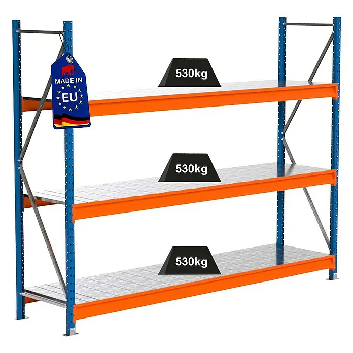 Proregal Schwerlastregal Industrie Weitspannregal MAXIMUS Pro - H x B x T: 200 x 260 x 60 cm, Traglast pro Boden: 530 kg, Anzahl Böden: 3 Stk., Stecken, Blau/Orange