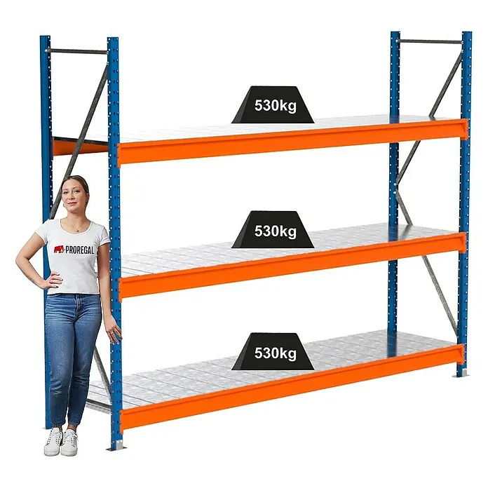Proregal Schwerlastregal Industrie Weitspannregal MAXIMUS Pro - H x B x T: 200 x 260 x 60 cm, Traglast pro Boden: 530 kg, Anzahl Böden: 3 Stk., Stecken, Blau/Orange