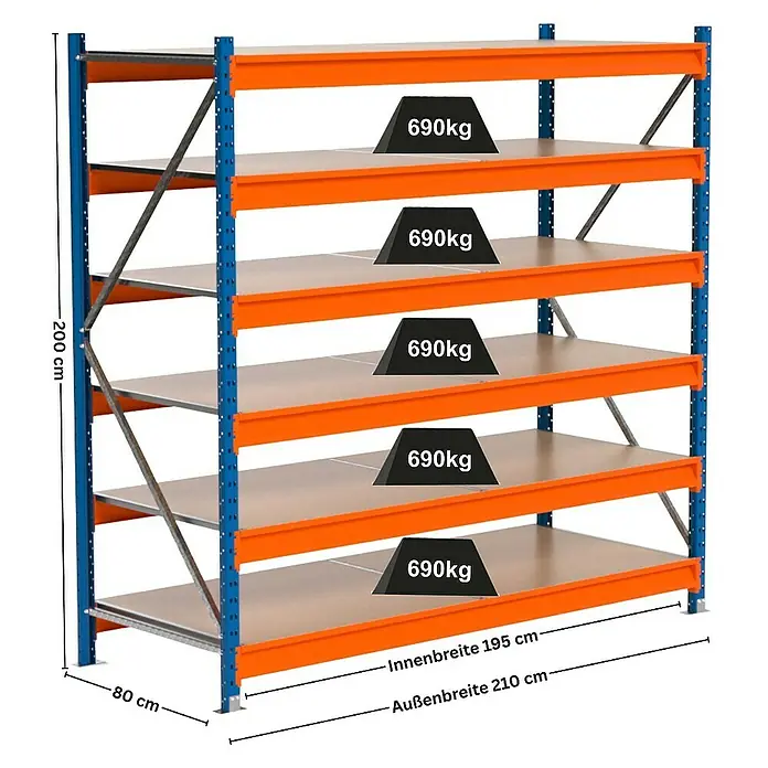 Proregal Schwerlastregal Industrie Weitspannregal MAXIMUS Pro - H x B x T: 200 x 210 x 80 cm, Traglast pro Boden: 690 kg, Anzahl Böden: 6 Stk., Stecken, Blau/Orange