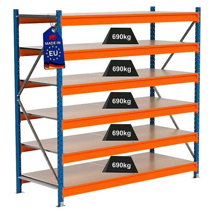 Proregal Schwerlastregal Industrie Weitspannregal MAXIMUS Pro - H x B x T: 200 x 210 x 80 cm, Traglast pro Boden: 690 kg, Anzahl Böden: 6 Stk., Stecken, Blau/Orange