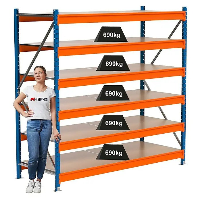 Proregal Schwerlastregal Industrie Weitspannregal MAXIMUS Pro - H x B x T: 200 x 210 x 80 cm, Traglast pro Boden: 690 kg, Anzahl Böden: 6 Stk., Stecken, Blau/Orange