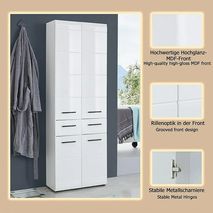 Trendteam Skin Hochschrank - 60 x 31 x 182 cm, Weiß - Hoher weißer Hochglanz-MDF-Badezimmerschrank mit gerillten Fronten, schwarzen Griffen und Metallscharnieren, in einem modernen Badambiente.