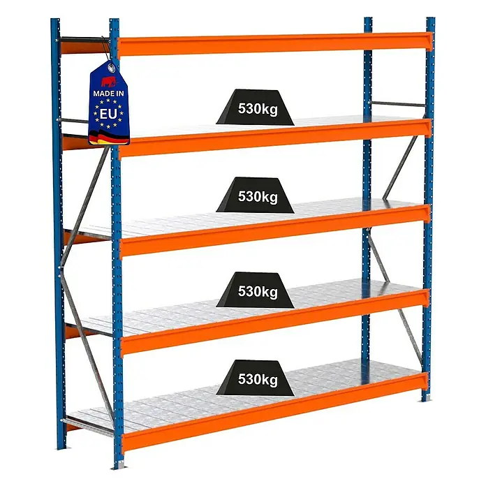 Proregal Schwerlastregal Industrie Weitspannregal MAXIMUS Pro - H x B x T: 250 x 260 x 60 cm, Traglast pro Boden: 530 kg, Anzahl Böden: 5 Stk., Stecken, Blau/Orange