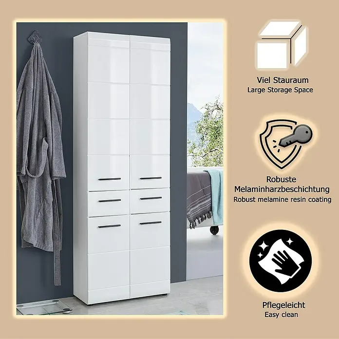 Trendteam Skin Hochschrank - 60 x 31 x 182 cm, Weiß - Hoher weißer Schrank mit Türen und Schubladen im Bad, bietet viel Stauraum und eine pflegeleichte Melaminbeschichtung.