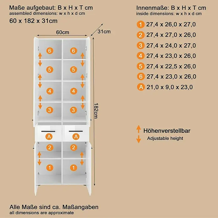 Trendteam Skin Hochschrank - 60 x 31 x 182 cm, Weiß - Weißer Hochschrank, 60x182x31cm, mit nummerierten Fächern, teils mit Türen, zwei Schubladen und höhenverstellbaren Einlegeböden.