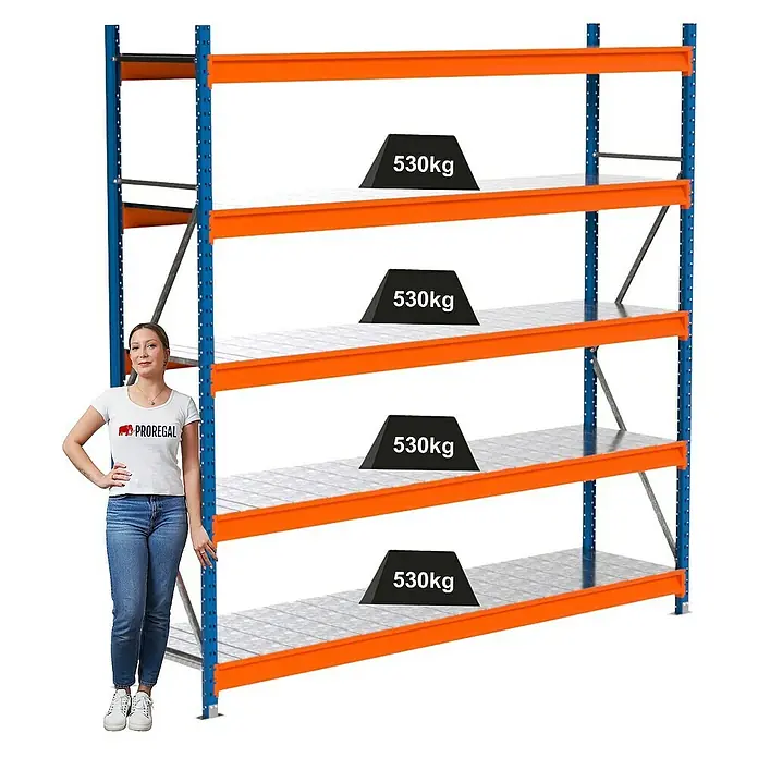 Proregal Schwerlastregal Industrie Weitspannregal MAXIMUS Pro - H x B x T: 250 x 260 x 60 cm, Traglast pro Boden: 530 kg, Anzahl Böden: 5 Stk., Stecken, Blau/Orange