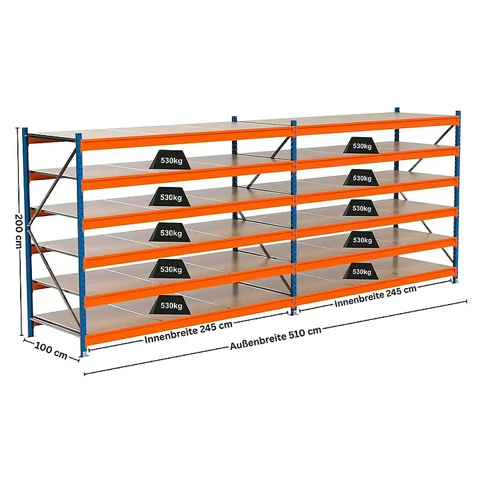 Proregal Schwerlastregal Industrie Weitspannregal MAXIMUS Pro - H x B x T: 200 x 510 x 100 cm, Traglast pro Boden: 530 kg, Anzahl Böden: 6 Stk., Stecken, Blau/Orange