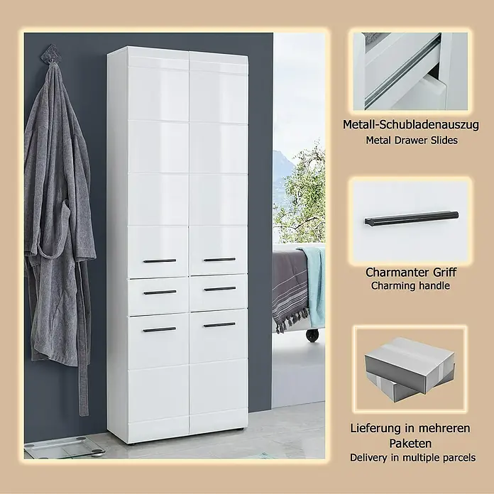 Trendteam Skin Hochschrank - 60 x 31 x 182 cm, Weiß - Hoher weißer Badschrank mit mehreren Türen und Schubladen in einer Badszene.