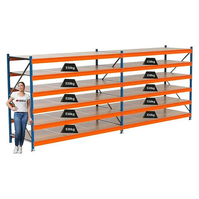 Proregal Schwerlastregal Industrie Weitspannregal MAXIMUS Pro - H x B x T: 200 x 510 x 100 cm, Traglast pro Boden: 530 kg, Anzahl Böden: 6 Stk., Stecken, Blau/Orange