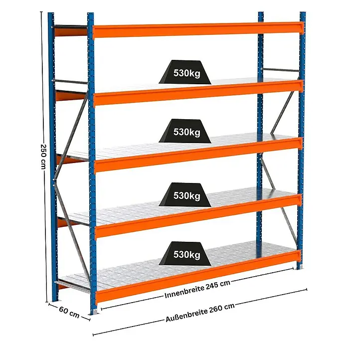Proregal Schwerlastregal Industrie Weitspannregal MAXIMUS Pro - H x B x T: 250 x 260 x 60 cm, Traglast pro Boden: 530 kg, Anzahl Böden: 5 Stk., Stecken, Blau/Orange