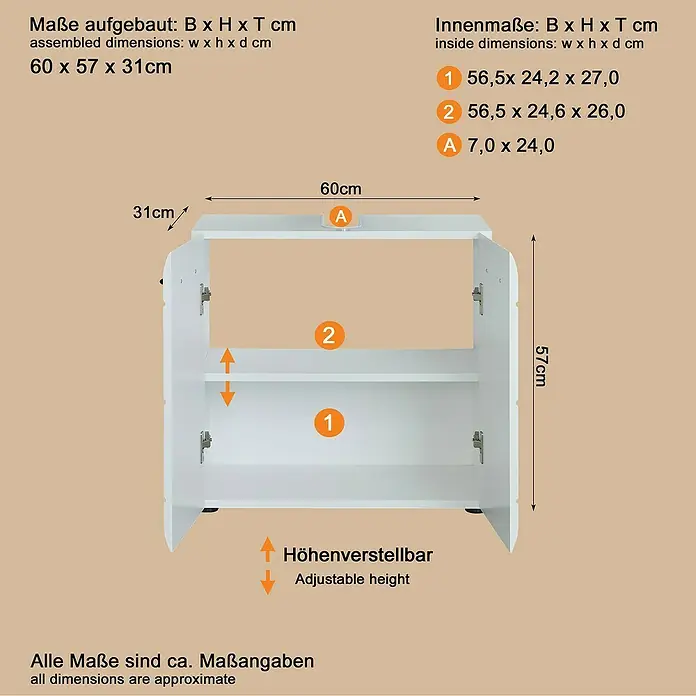 Trendteam Skin Waschtischunterschrank - 60 x 31 x 56 cm, Weiß, Glänzend - Weißer Schrank mit zwei Türen und zwei verstellbaren Einlegeböden, zeigt Außen- und Innenmaße.