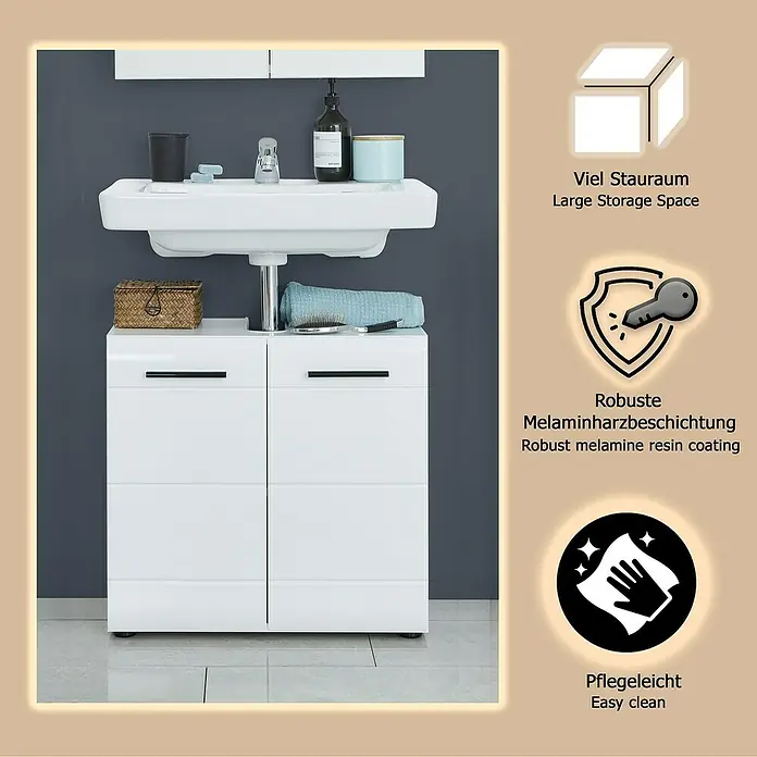 Trendteam Skin Waschtischunterschrank - 60 x 31 x 56 cm, Weiß, Glänzend - Weißer Badezimmer-Waschtischunterschrank mit integriertem Waschbecken und zwei Schranktüren, für viel Stauraum.