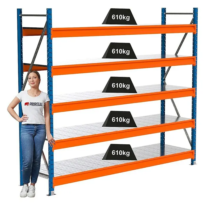 Proregal Schwerlastregal Industrie Weitspannregal MAXIMUS Pro - H x B x T: 200 x 235 x 60 cm, Traglast pro Boden: 610 kg, Anzahl Böden: 5 Stk., Stecken, Blau/Orange