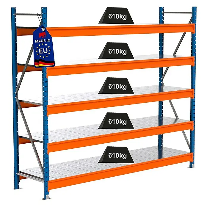 Proregal Schwerlastregal Industrie Weitspannregal MAXIMUS Pro - H x B x T: 200 x 235 x 60 cm, Traglast pro Boden: 610 kg, Anzahl Böden: 5 Stk., Stecken, Blau/Orange